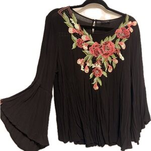 Chic Black Blouse with Red Floral Embroidery